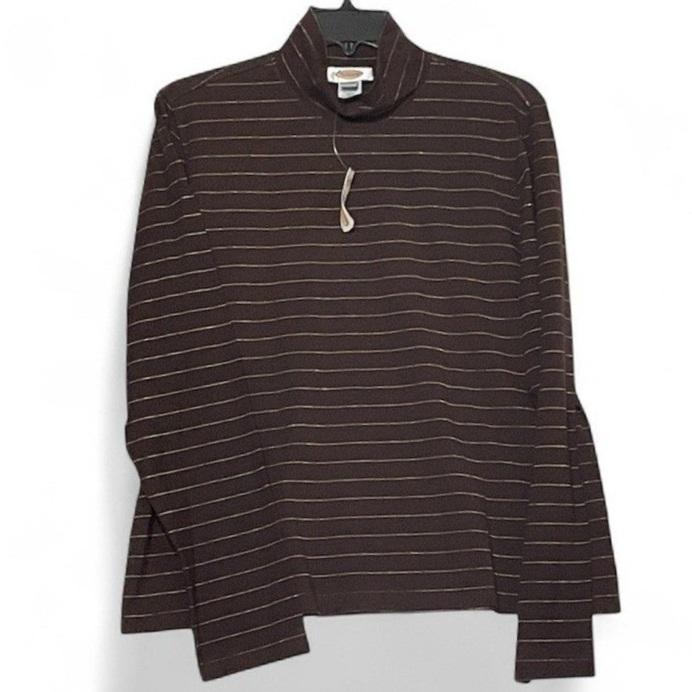 NWT Talbots Mock Neck XL Brown Striped‎ LS Top Pima Cotton & Spandex